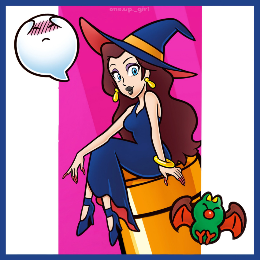 1girl, bat_(animal), black_lips, blue_border, blue_dress, blue_eyes, blue_hat, blue_shoes, blush, boo_(mario), border, bracelet, brown_hair, dress, earrings, eyeshadow, gold_bracelet, hat, high_heels, highres, jewelry, long_hair, looking_at_viewer, makeup, nakaue_shigehisa_(style), official_alternate_costume, ooneupart, outside_border, pauline_(halloween)_(mario), pauline_(mario), purple_eyeshadow, shoes, sitting, sleeveless, sleeveless_dress, super_mario_bros., swoop_(mario), warp_pipe, witch_hat