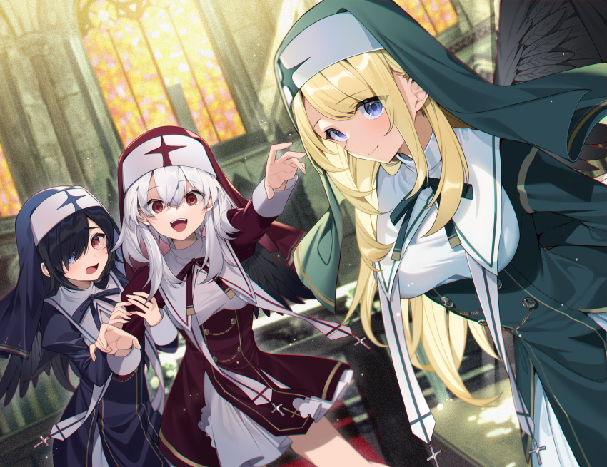 3girls, absurdres, black_hair, blonde_hair, blue_eyes, blue_veil, breasts, character_request