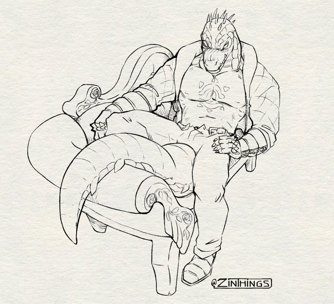 1boy, artist_name, blush, chest_tattoo, claws, closed_mouth, couch, crocodile_boy