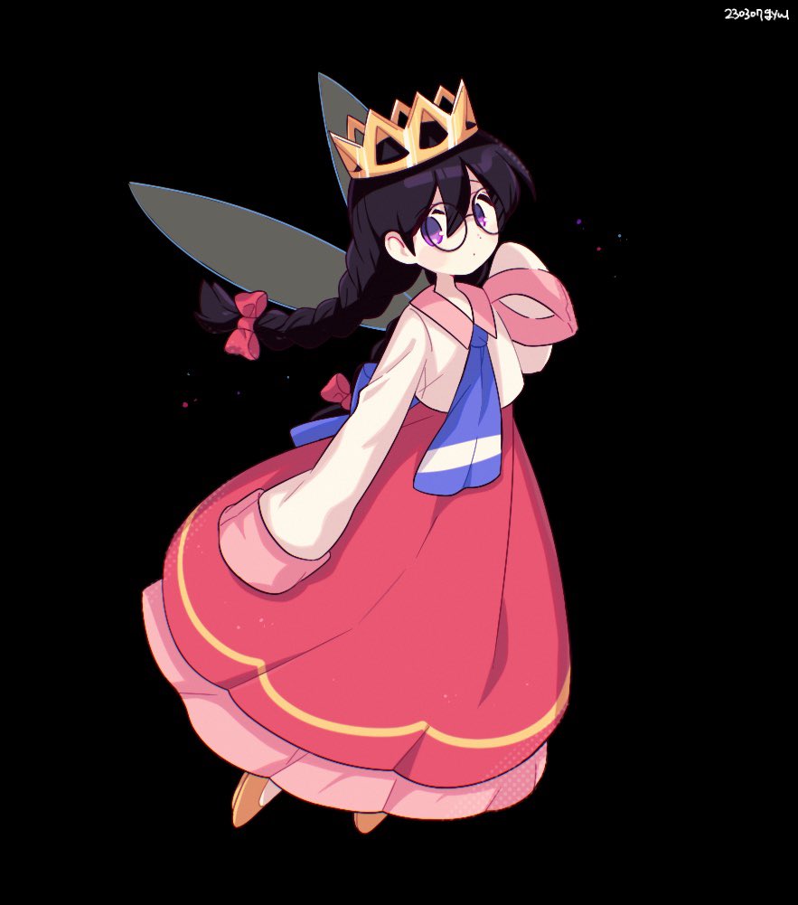 1girl, artist_name, bad_id, bad_twitter_id, black_background, bow, crown, fairy