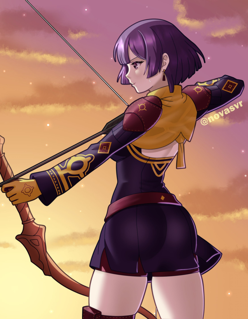 1girl, arrow_(projectile), ass, back, bernadetta_von_varley, bernadetta_von_varley_(timeskip), bow_(weapon), breasts