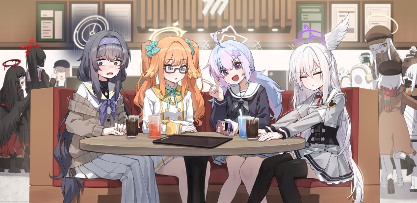 6+girls, absurdres, ahoge, alternate_costume, black_corset, black_hair, black_mask, black_wings