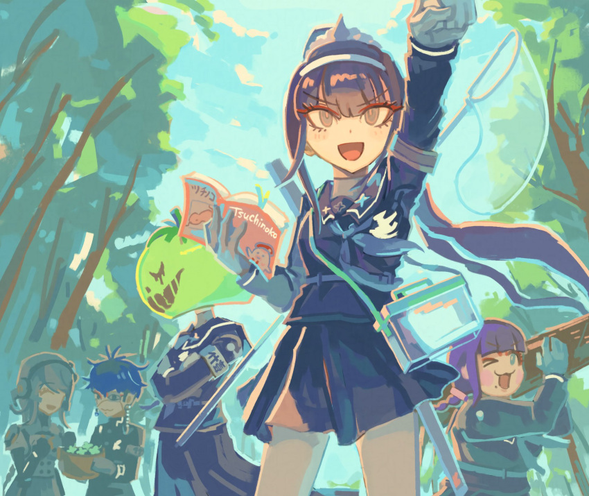 >_o, 0sfksqa0zc18805, 1boy, 4girls, :d, arm_up, armband, black_hair