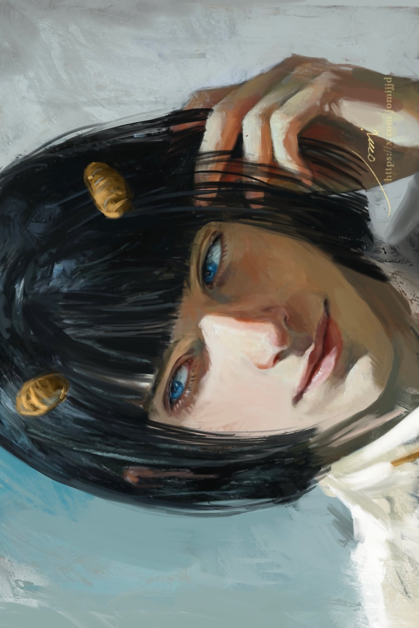 1boy, adjusting_hair, bishounen, black_hair, blue_eyes, blunt_bangs, bob_cut, bruno_bucciarati