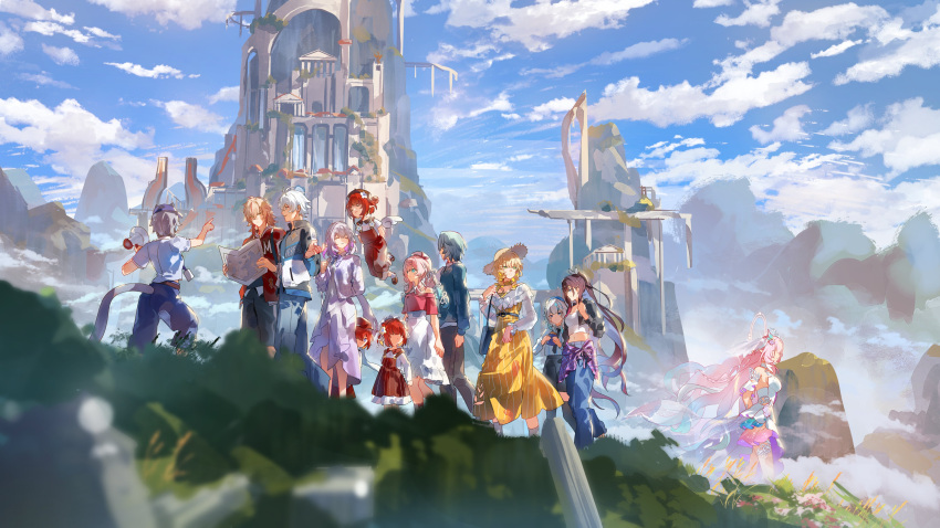 absurdres, aglaea_(honkai:_star_rail), anaxa_(honkai:_star_rail), angel_wings, black_hair, blonde_hair, blue_hair, blue_sky, brown_dress, castorice_(honkai:_star_rail), cat_girl, cat_tail, cerydra_(honkai:_star_rail), chrysos_heirs_(honkai:_star_rail), cipher_(honkai:_star_rail), commentary, cyrene_(honkai:_star_rail), cyrene_(ripples_of_past_reverie)_(honkai:_star_rail), denim, dress, english_commentary, flower, grape_(grapedraws), green_hair, green_jacket, grey_hair, hair_flower, hair_ornament, highres, holding, holding_map, honkai:_star_rail, honkai_(series), hyacine_(honkai:_star_rail), hysilens_(honkai:_star_rail), jacket, jeans, long_hair, map, mydei_(honkai:_star_rail), outdoors, pants, phainon_(honkai:_star_rail), pink_hair, purple_hair, red_hair, red_jacket, short_hair, skirt, sky, tail, tank_top, trianne_(honkai:_star_rail), tribbie_(honkai:_star_rail), trinnon_(honkai:_star_rail), very_long_hair, white_dress, white_hair, white_tank_top, wings, yellow_skirt