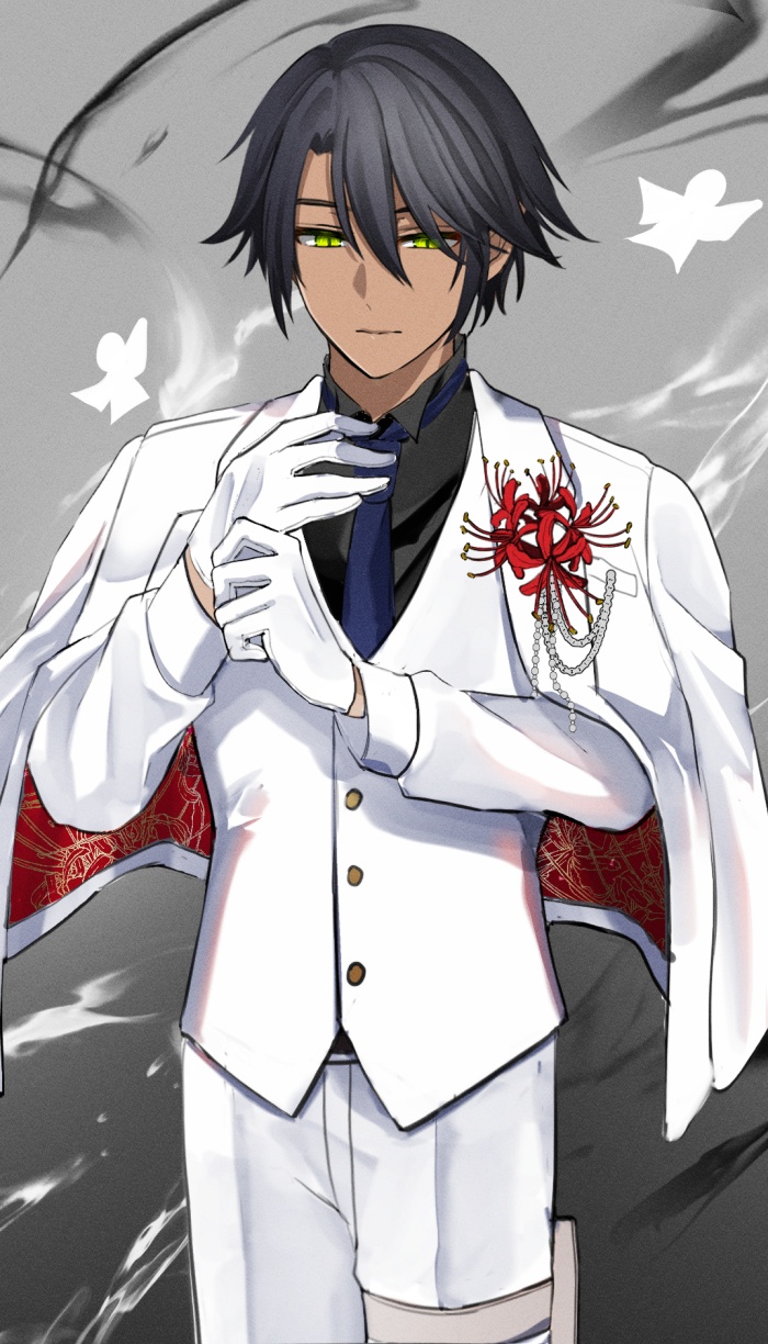 1boy, alternate_costume, black_hair, black_necktie, black_shirt, closed_mouth, dark-skinned_male, dark_skin