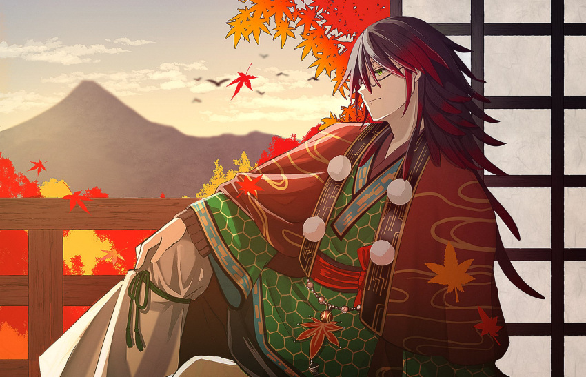 1boy, autumn, autumn_leaves, closed_mouth, glasses, gradient_hair, green_eyes, hair_between_eyes