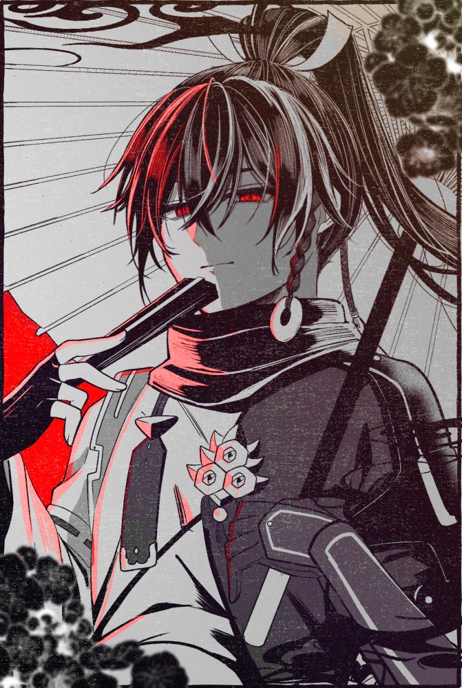 1boy, armor, hair_between_eyes, hand_fan, holding, holding_umbrella, japanese_armor, japanese_clothes
