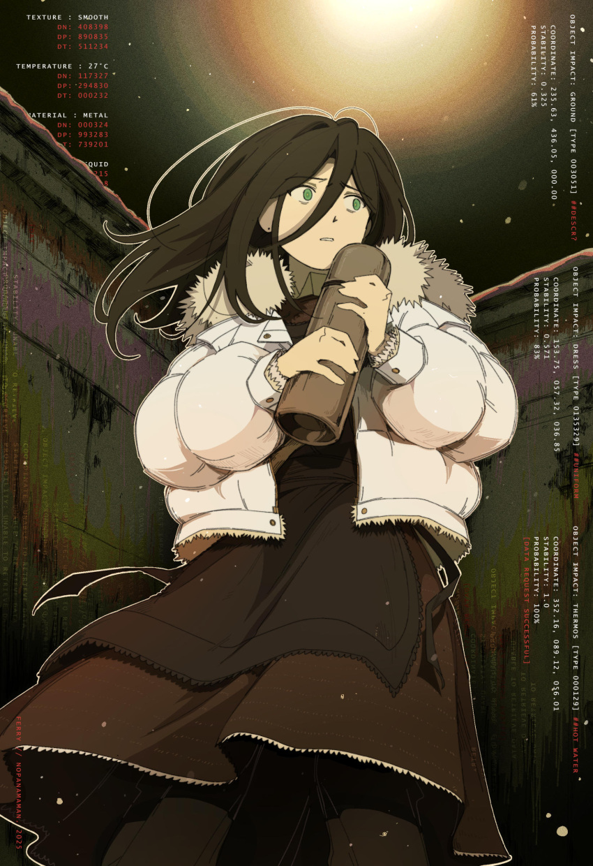 1girl, absurdres, artist_name, black_hair, brown_dress, commentary, cowboy_shot, down_jacket