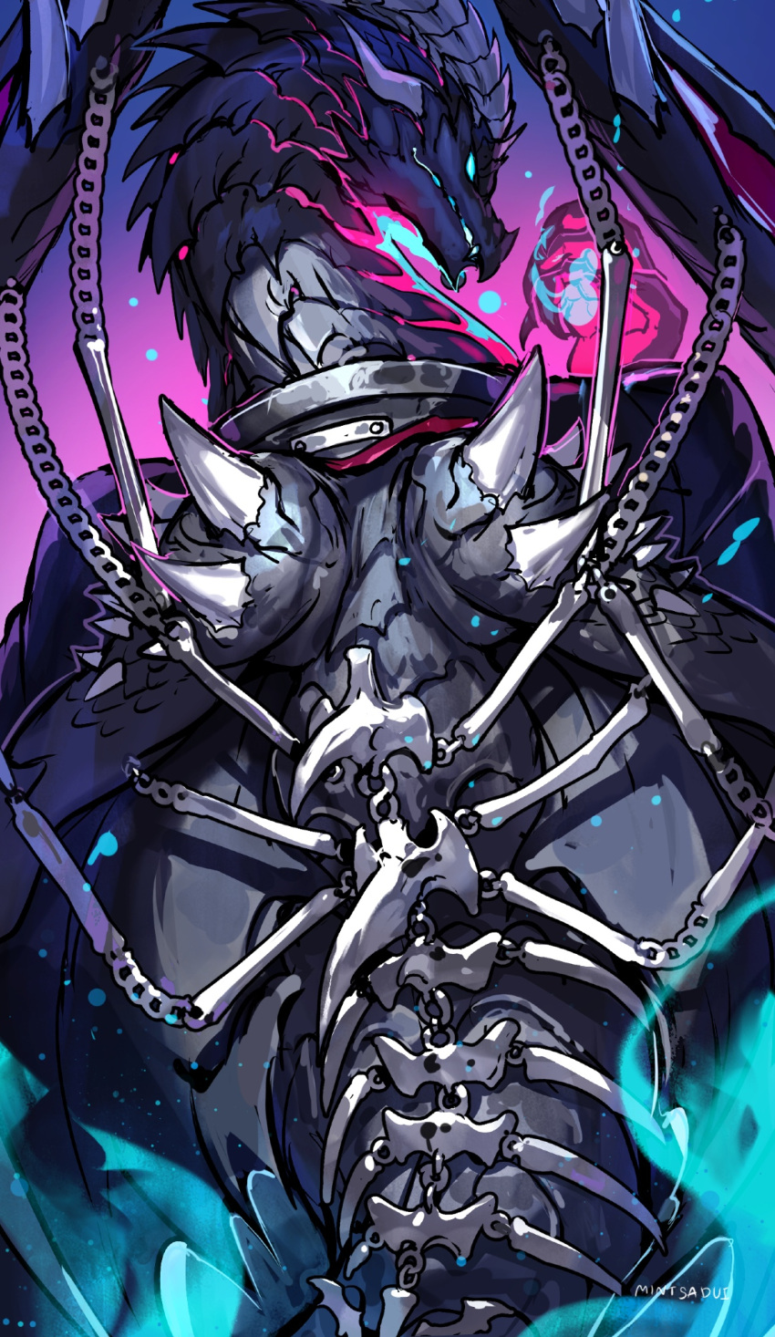 1boy, artist_name, black_suit, chain, dislyte, dragon_boy, dragon_horns, dragon_tail