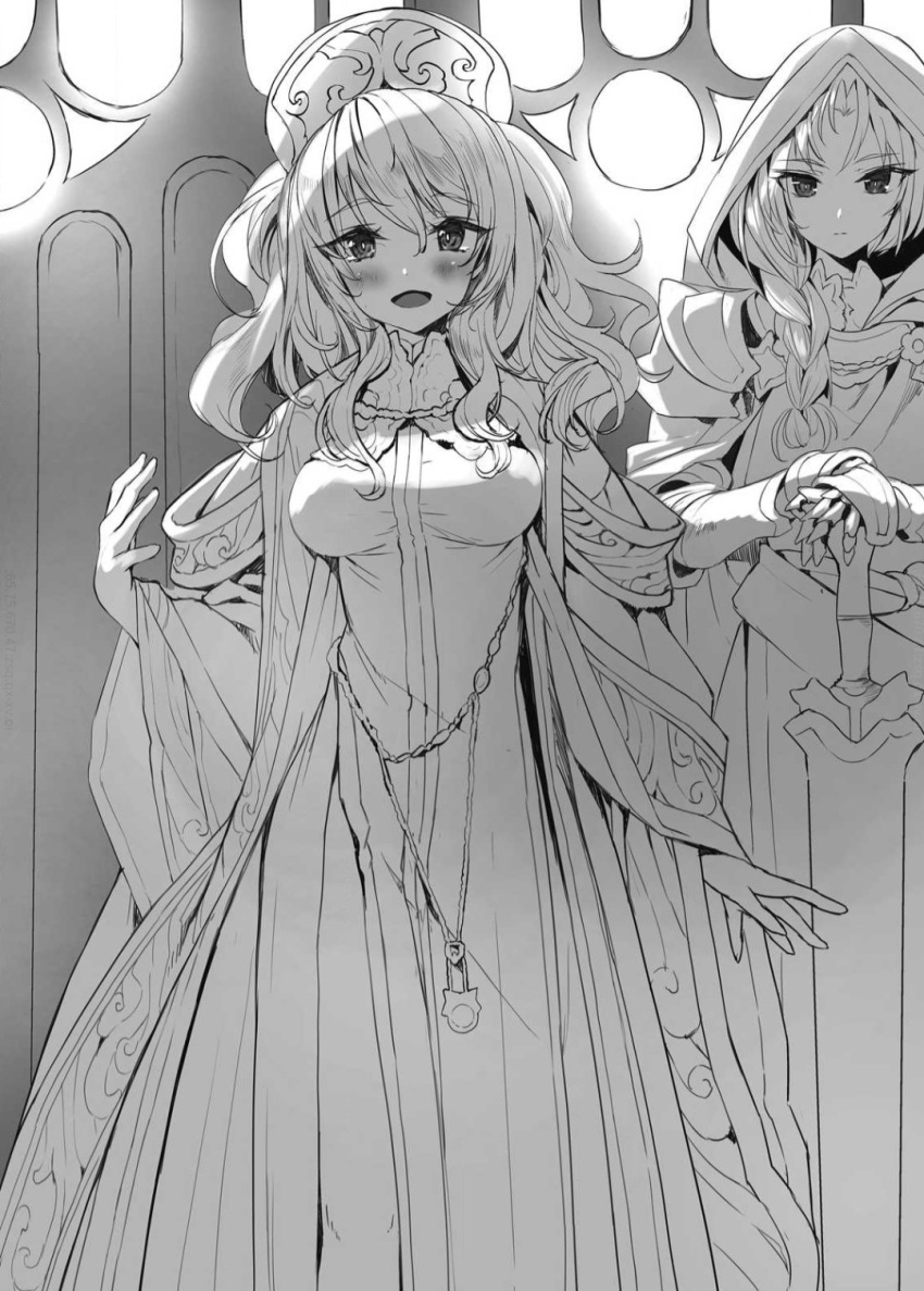 2girls, armor, blush, braid, breasts, character_request, cleric, cloak