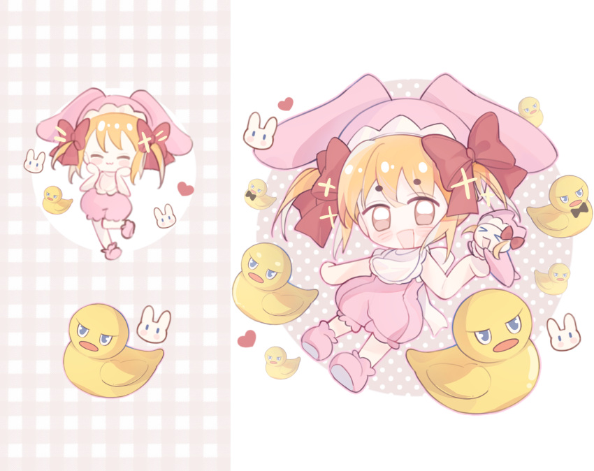 >_<, 2girls, ^_^, animal_ear_headwear, animal_ears, back_bow, bare_arms, bare_shoulders