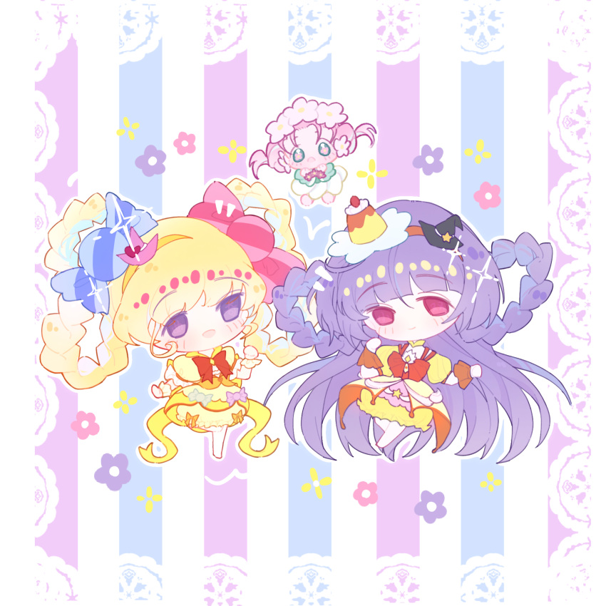 3girls, absurdly_long_hair, asahina_mirai, back_bow, bare_legs, barefoot, black_hat, blonde_hair