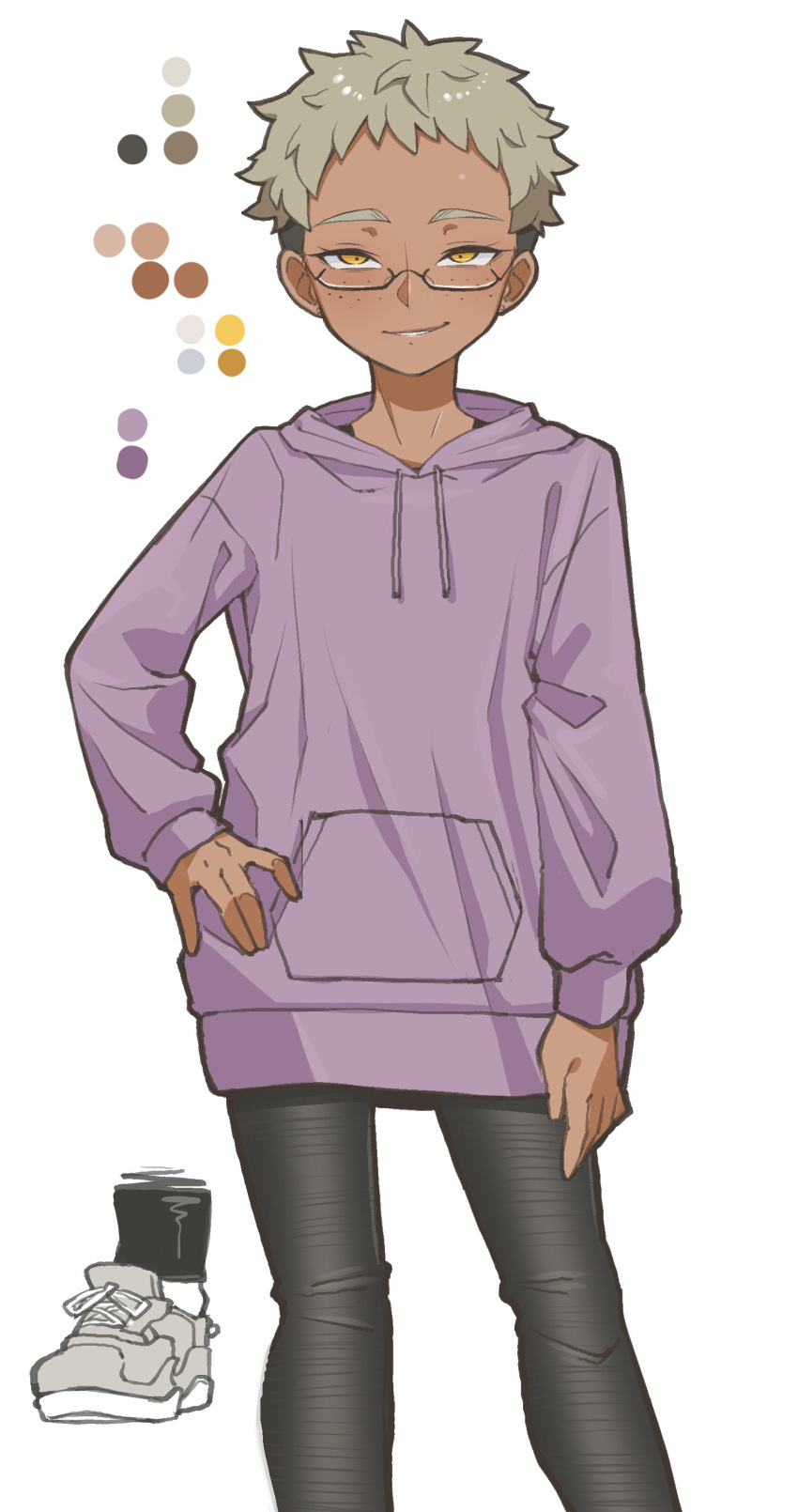 1girl, absurdres, black_pants, color_guide, commentary_request, dark-skinned_female, dark_skin, drawstring