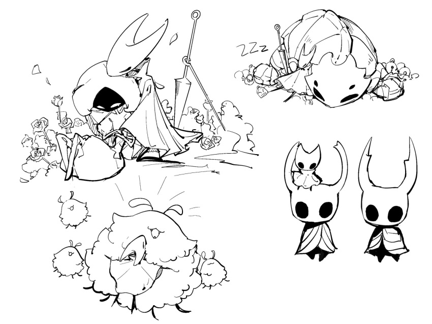 2girls, 3others, bubble_skirt, character_request, collared_cloak, creature_on_head, dress, flower