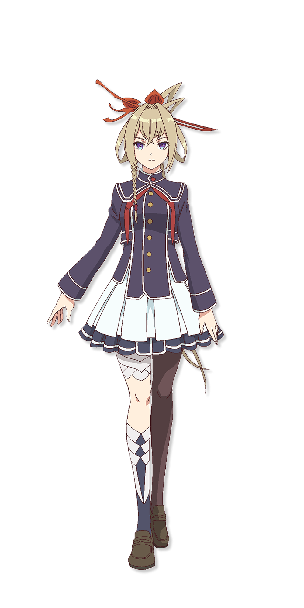 ahoge, black_thighhighs, blonde_hair, blue_eyes, braid, buttons, full_body, hair_intakes