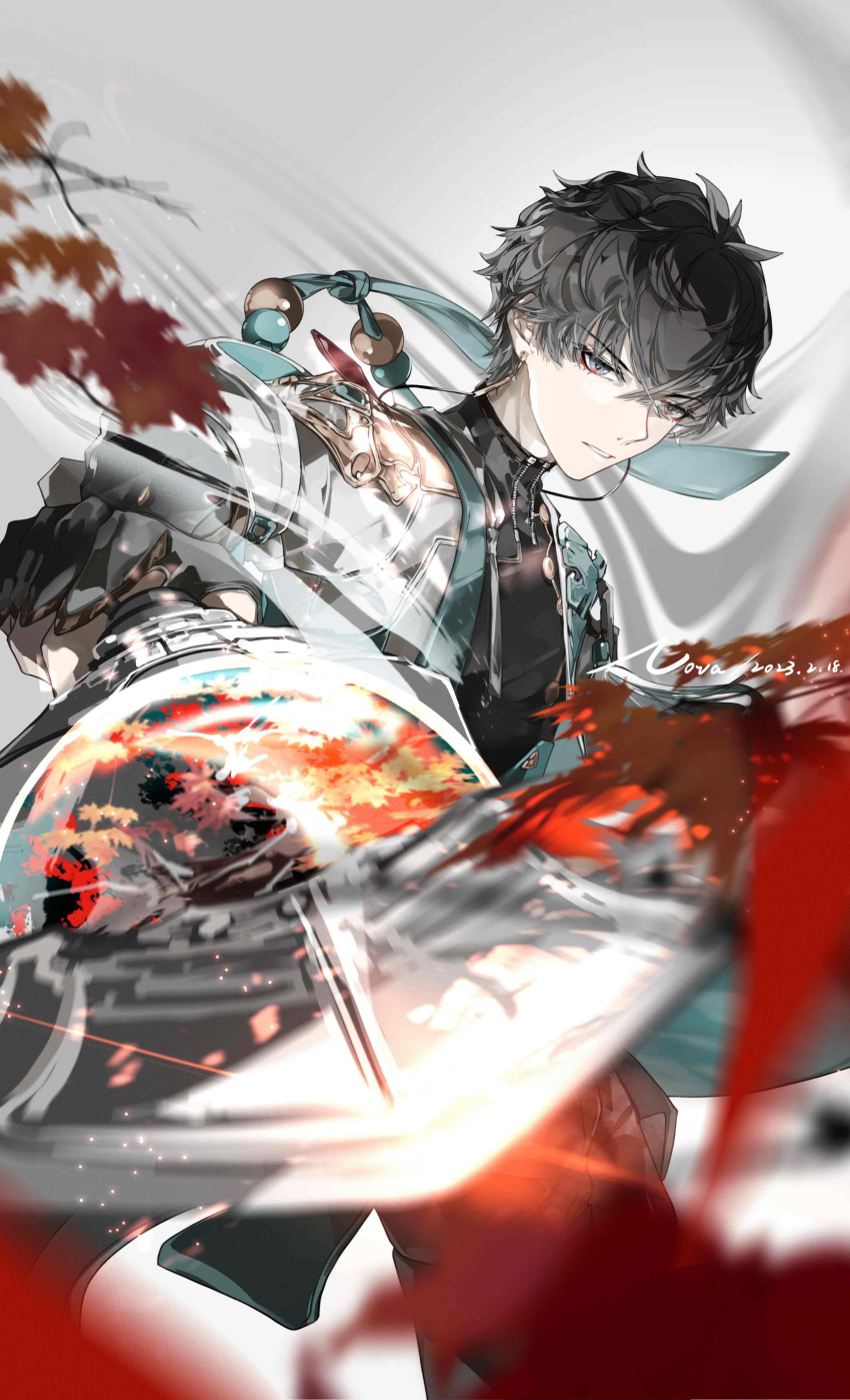1boy, absurdres, aqua_coat, black_gloves, black_hair, black_pants, black_shirt, blurry