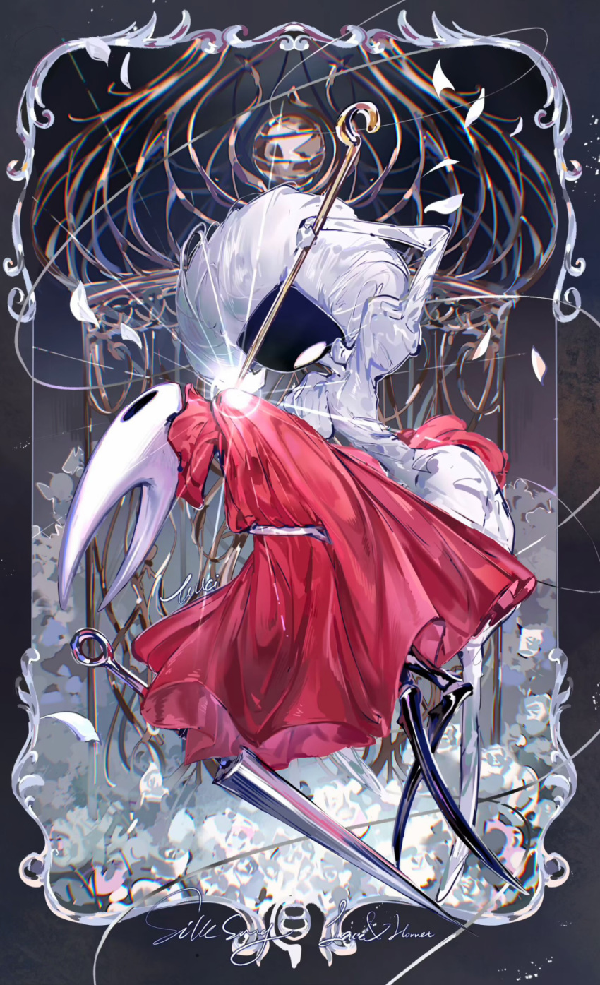 2girls, arm_around_waist, black_border, border, bubble_skirt, chinese_commentary, cloak, collared_cloak, commentary_request, dress, elbow_gloves, full_body, gloves, high_collar, highres, holding, holding_staff, hollow_knight, hollow_knight:_silksong, hornet_(hollow_knight), lace_(hollow_knight), leaning_back, light_particles, looking_at_another, multiple_girls, nail_(hollow_knight), outside_border, picture_frame, puffy_short_sleeves, puffy_sleeves, qishitian_de_yuji, red_cloak, sekai_wo_kakumei_suru_chikara_wo, short_dress, short_sleeves, shoujo_kakumei_utena, skirt, staff, thread, white_dress, white_gloves, yuri