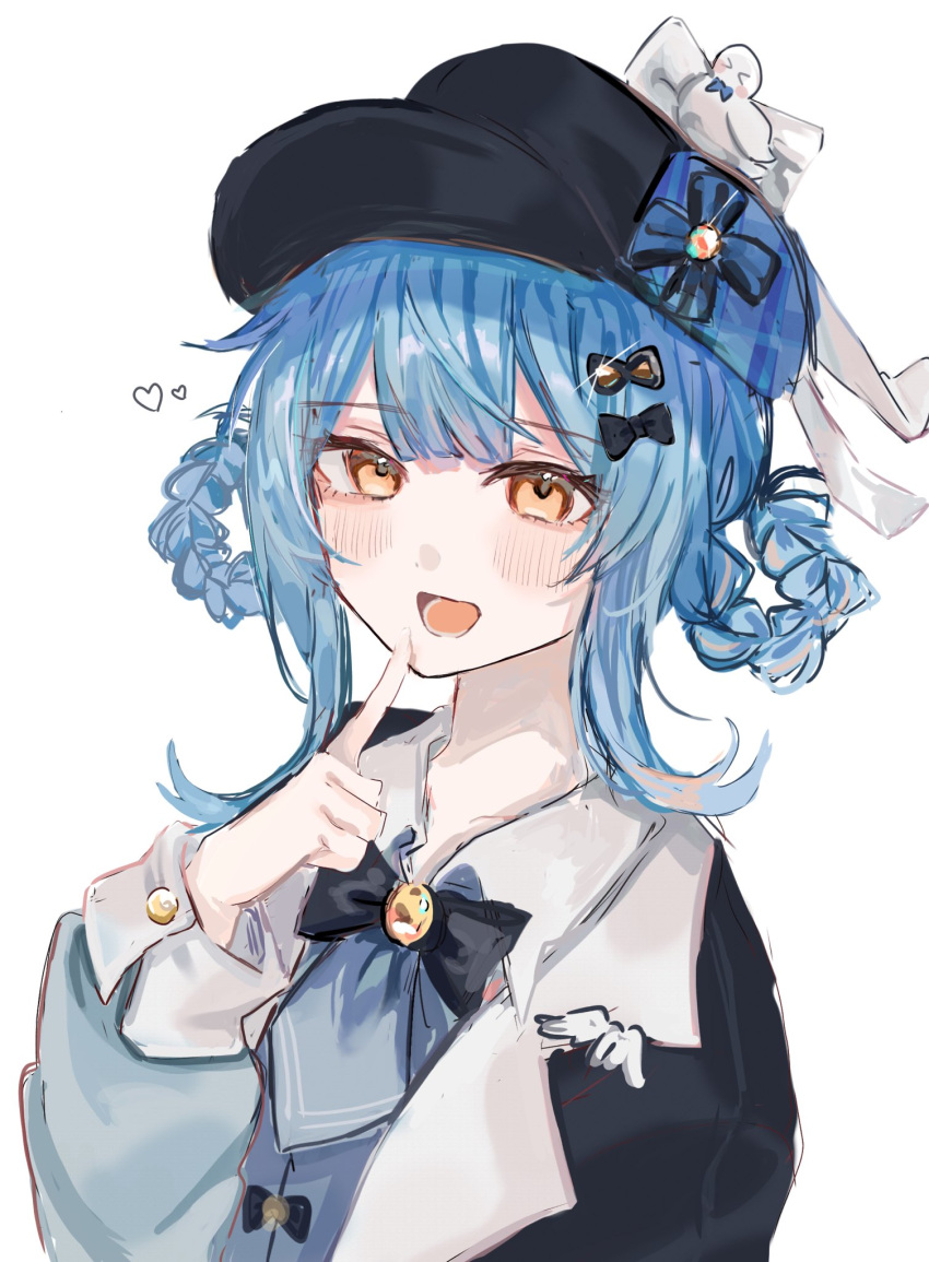 1girl, bird, black_bow, black_bowtie, black_capelet, black_hat, blue_hair, blue_hat, blue_necktie, blush, bow, bowtie, braid, braided_hair_rings, capelet, collarbone, collared_shirt, deerstalker, double-parted_bangs, finger_to_mouth, hair_ornament, hair_rings, hand_up, hat, hat_bow, hat_ribbon, heart, highres, index_finger_raised, long_sleeves, mahou_shoujo_no_majo_saiban, medium_hair, mirin_(mir1n0), multicolored_hat, necktie, open_mouth, orange_eyes, ribbon, shirt, simple_background, solo, tachibana_sherry, upper_body, white_background, white_bird, white_bow, white_ribbon, wing_ornament