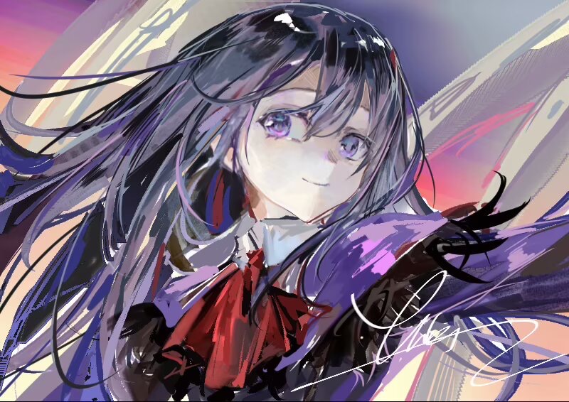 akemi_homura, ascot, black_dress, black_hair, capelet, closed_mouth, collared_shirt, colored_eyelashes, dress, fur-trimmed_capelet, fur_trim, hair_between_eyes, happy, hashtag-only_commentary, long_hair, looking_at_viewer, mahou_shoujo_madoka_magica, mahou_shoujo_madoka_magica:_walpurgis_no_kaiten, outdoors, outstretched_arm, purple_capelet, qishitian_de_yuji, red_ascot, shirt, shirt_under_dress, signature, smile, sunset, very_long_hair, violet_eyes, white_shirt
