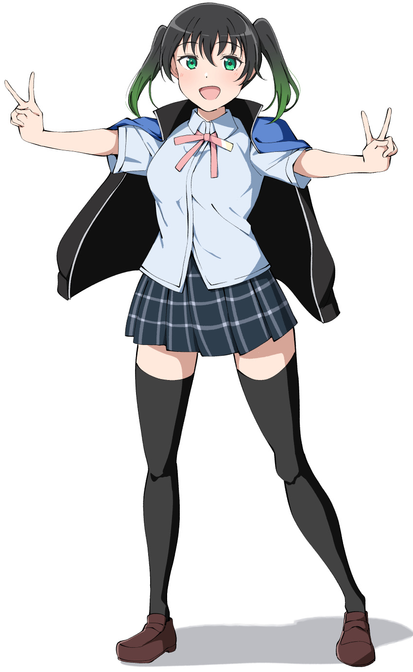 1girl, :d, absurdres, black_hair, black_thighhighs, blue_shirt, blue_skirt, breasts