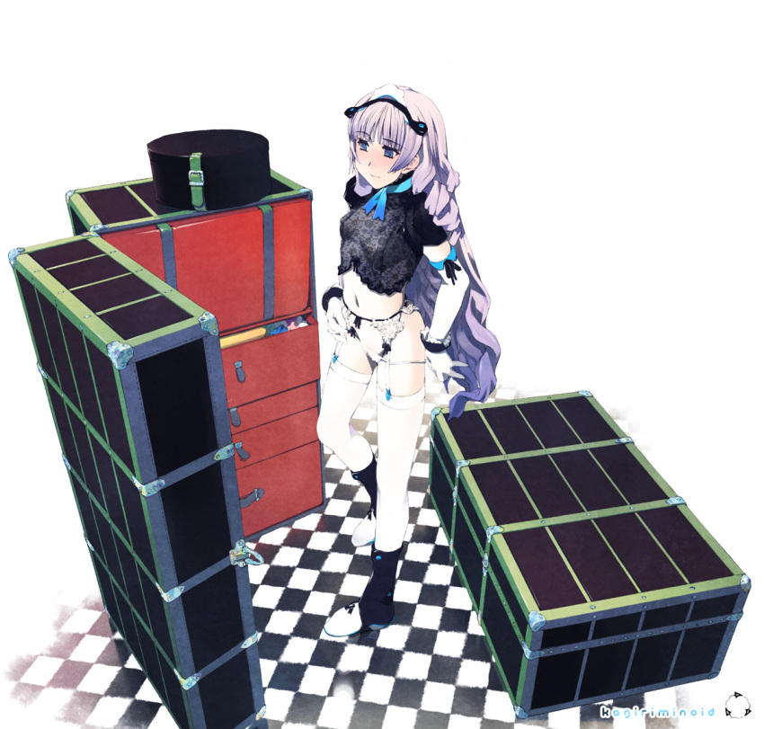 blush, boots, bow, checkered, checkered_floor, garter_straps, gloves, lips, long_hair, midriff, navel, original, panties, smile, solo, suit_case, suitcase, takano_kou, thigh-highs, thighhighs, tiara, underwear, white_hair, white_legwear, zettai_ryouiki