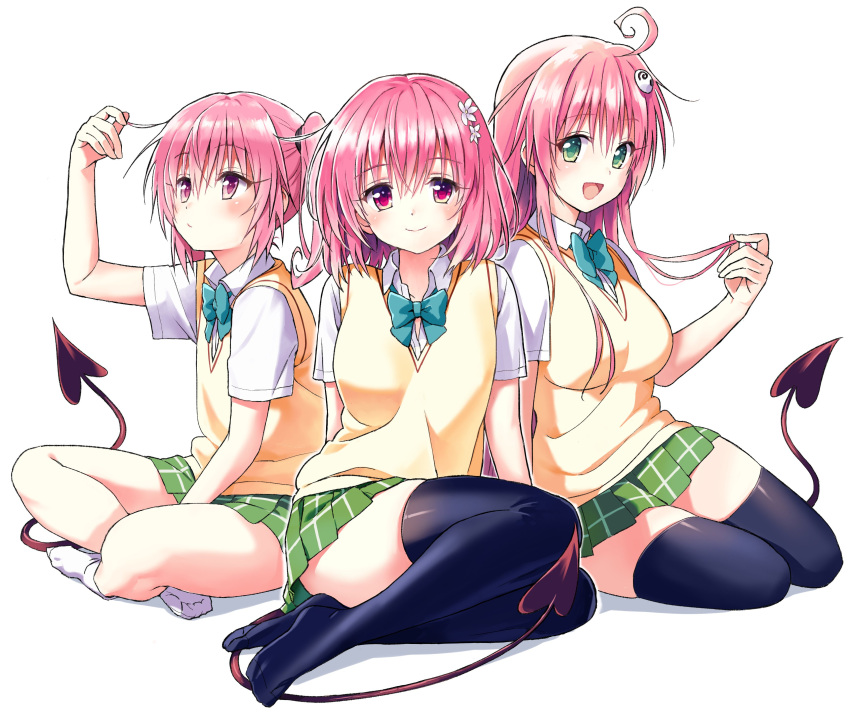 3girls, absurdres, ahoge, asdf_4532, black_thighhighs, bow, bowtie, breasts