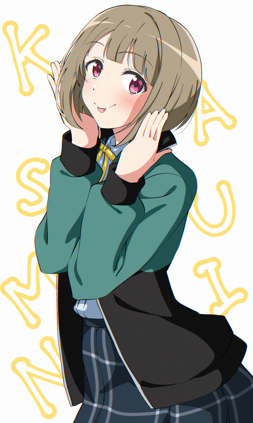 1girl, :p, absurdres, black_skirt, character_name, commentary, cowboy_shot, green_jacket