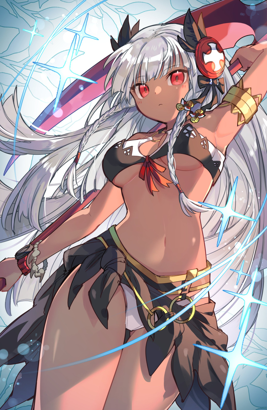 1girl, absurdres, arm_up, armlet, bikini, braid, breasts, commentary_request