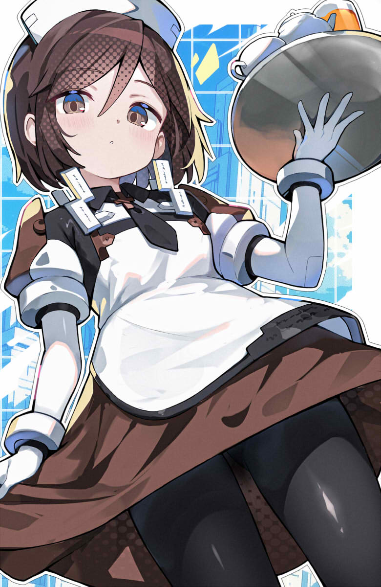 1girl, apron, black_dress, black_necktie, black_pantyhose, bracelet, brown_dress, brown_eyes