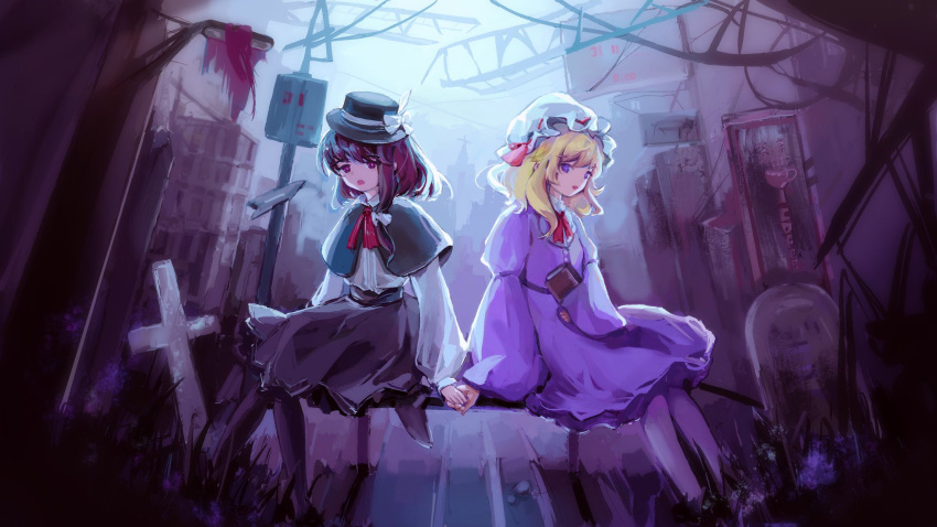 2girls, aliaos, architecture, arm_garter, black_capelet, black_hat, black_pantyhose, black_shoes