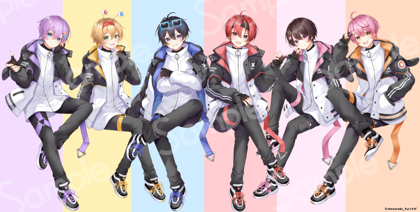 6+boys, :d, ahoge, antenna_hair, antennae, black_gloves, black_hair, black_headband