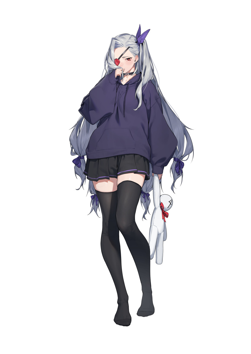 1girl, absurdres, arm_at_side, beeeeen, black_choker, black_skirt, black_thighhighs, bow, bright_pupils, choker, commentary, drawstring, earrings, eyepatch, finger_to_mouth, fingernails, full_body, grey_hair, hair_bow, hair_ribbon, heart, heart_choker, heart_eyepatch, heart_o-ring, highres, holding, holding_stuffed_toy, hood, hood_down, hoodie, jewelry, last_origin, lemonade_gamma, long_hair, long_sleeves, looking_at_viewer, miniskirt, no_shoes, o-ring, o-ring_choker, one_eye_covered, one_side_up, parted_bangs, pleated_skirt, pocket, puffy_long_sleeves, puffy_sleeves, purple_bow, purple_hoodie, purple_ribbon, red_eyes, ribbon, simple_background, single_horizontal_stripe, skirt, sleeves_past_fingers, sleeves_past_wrists, solo, standing, striped_clothes, striped_skirt, stud_earrings, stuffed_animal, stuffed_rabbit, stuffed_toy, thigh-highs, transparent_background, very_long_hair, white_pupils, zettai_ryouiki