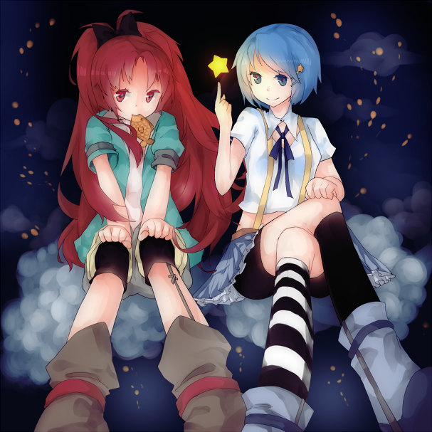 blue_eyes, blue_hair, boots, bow, cloud, clouds, eating, food