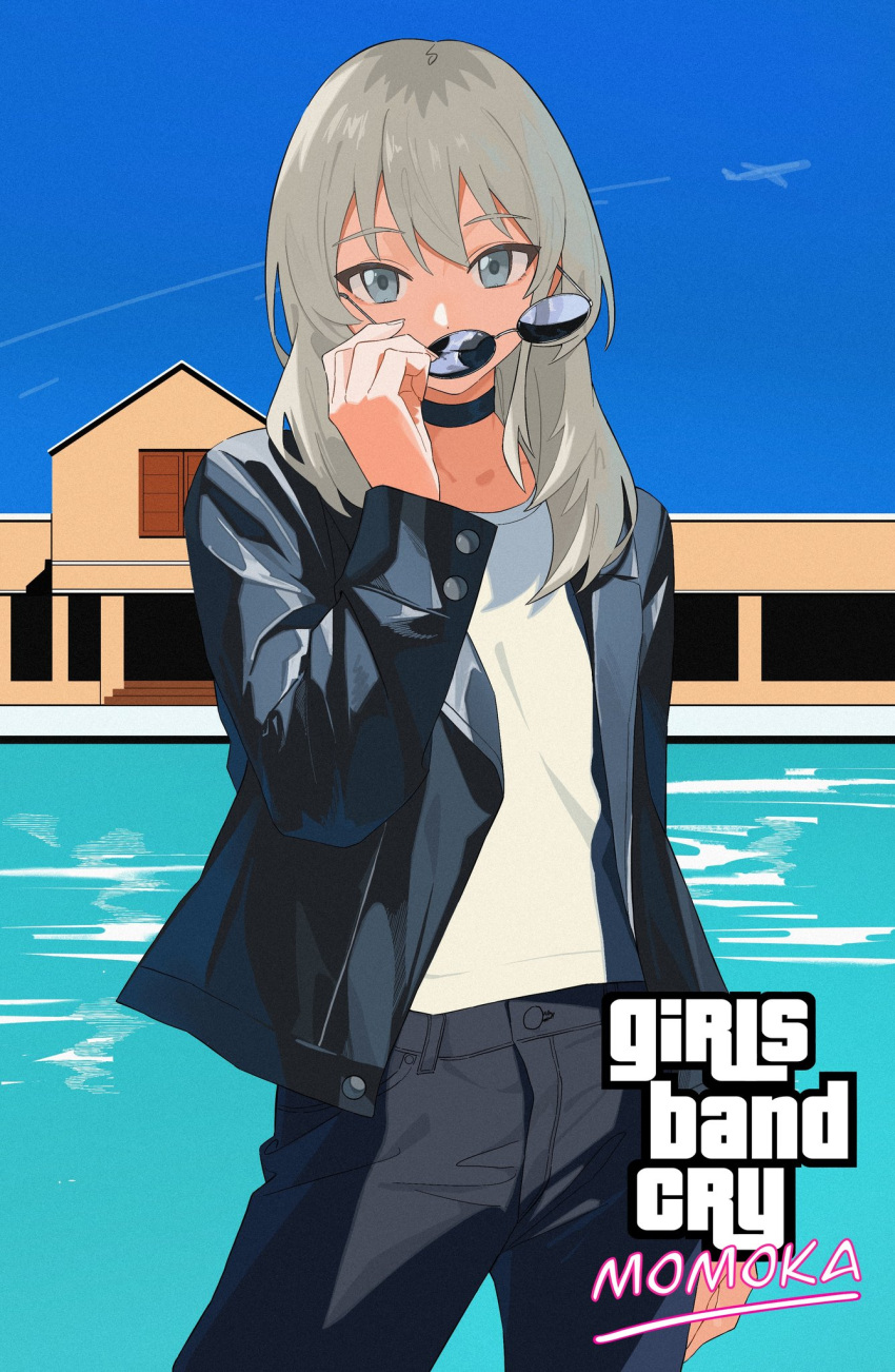 1girl, aircraft, airplane, black_choker, black_jacket, black_pants, blue_sky, brand_name_imitation