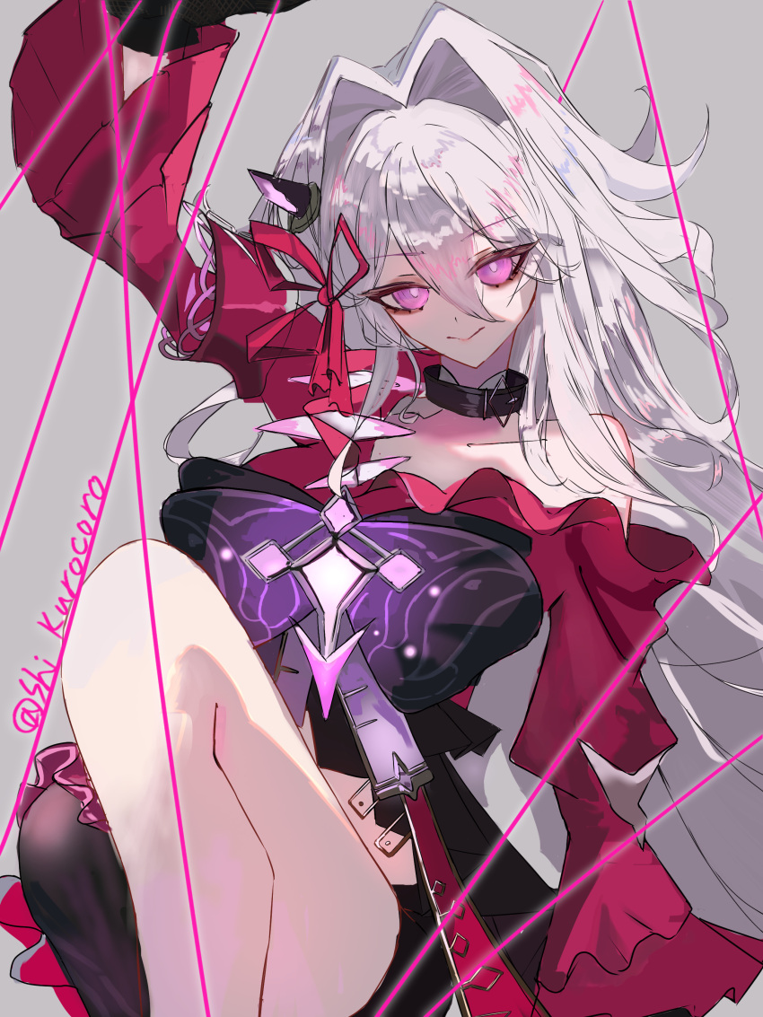 1girl, absurdres, bare_shoulders, black_gloves, breasts, clothing_cutout, crossed_bangs, dress