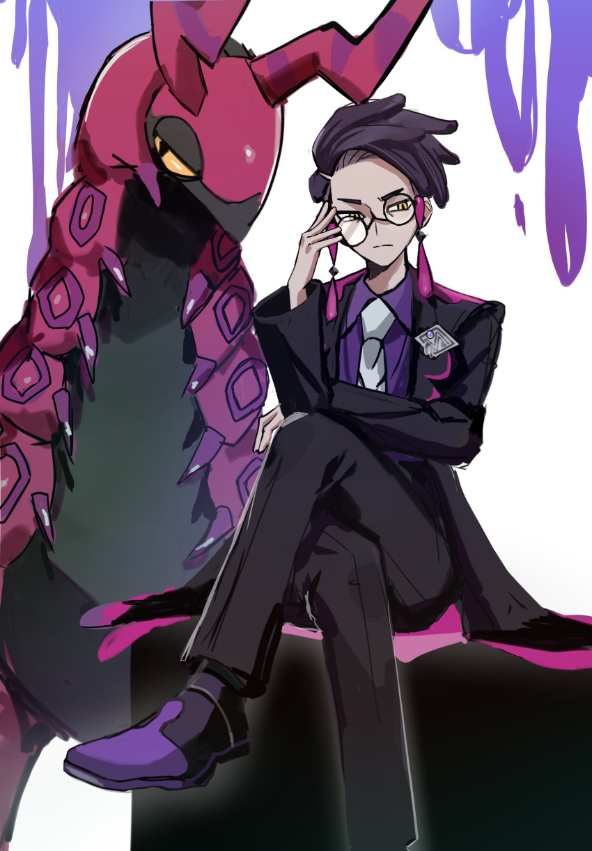 1boy, absurdres, antennae, black-framed_eyewear, black_hair, black_jacket, black_pants, black_socks