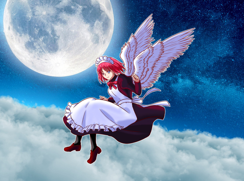1girl, above_clouds, apron, blue_eyes, brown_shoes, clouds, hisui_(tsukihime), japanese_clothes