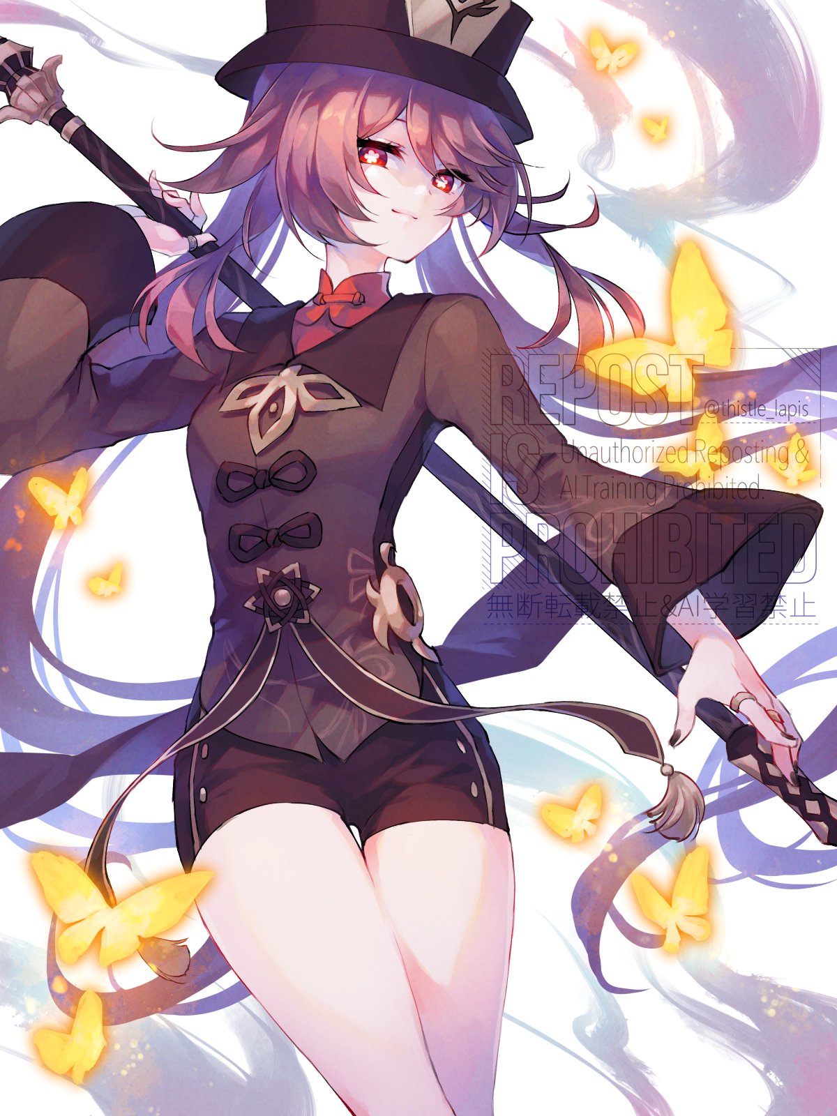 1girl, brown_hair, brown_hat, brown_shirt, brown_shorts, closed_mouth, flower-shaped_pupils, genshin_impact