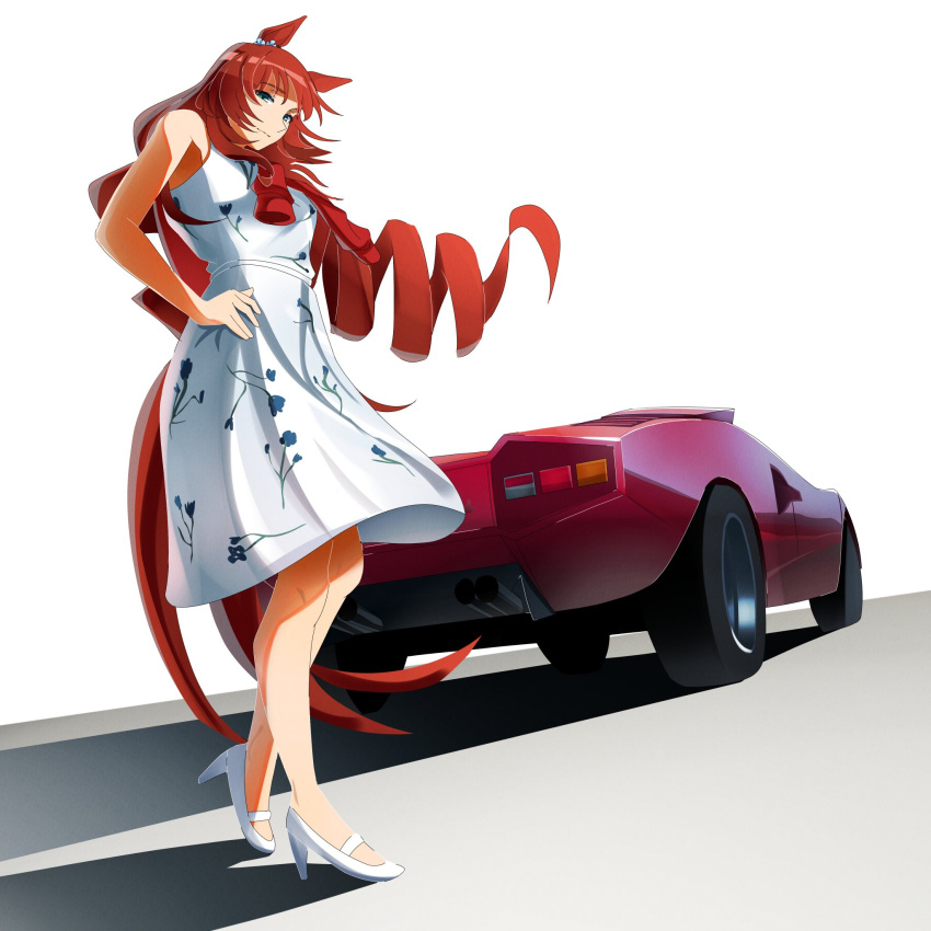 1girl, animal_ears, bare_shoulders, blue_eyes, breasts, brown_hair, car, closed_mouth, dress, green_eyes, highres, horse_ears, horse_girl, horse_tail, jacket, jacket_around_neck, jacket_on_shoulders, lamborghini, lamborghini_countach, long_hair, maruzensky_(casual)_(umamusume), maruzensky_(umamusume), medium_breasts, motor_vehicle, official_alternate_costume, sleeveless, sleeveless_dress, solo, sports_car, sweater_around_neck, tail, toyeeta_prius, umamusume, white_dress