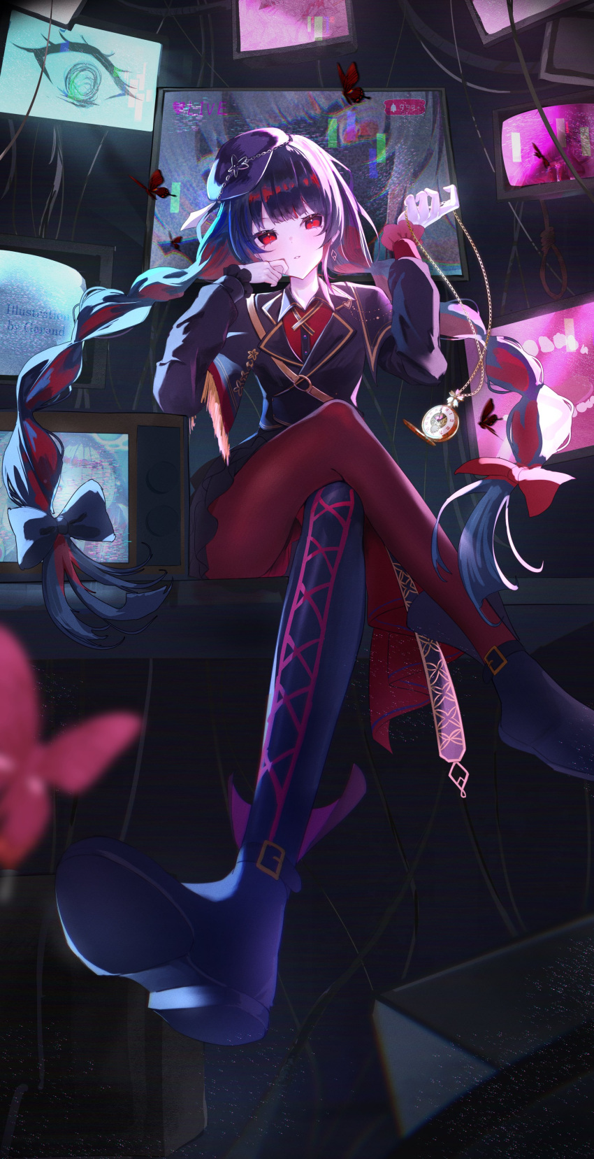1girl, absurdres, asymmetrical_legwear, black_hair, black_hat, black_jacket, black_shoes, bow
