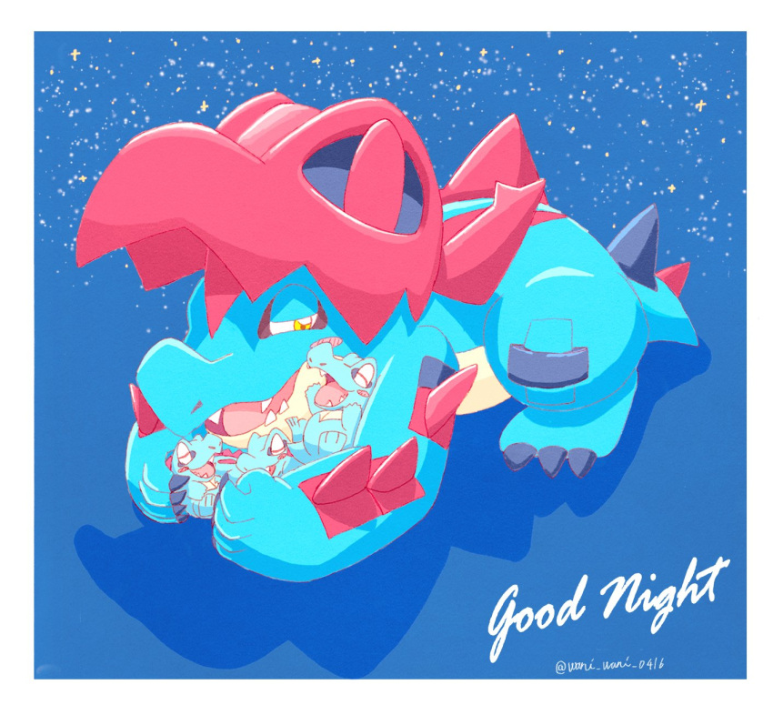 blue_claws, blue_skin, claws, closed_eyes, colored_skin, crocodilian, fangs, feraligatr, highres, hood, hood_up, mega_feraligatr, mega_pokemon, no_humans, open_mouth, pokemon, pokemon_(creature), pokemon_focus, pokemon_legends:_z-a, sharp_teeth, smile, spikes, tail, teeth, totodile, waniwani_(hyda7523), yellow_eyes