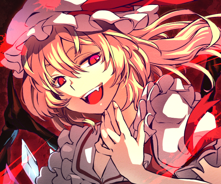 blonde_hair, face, fangs, flandre_scarlet, hat, nerugal, open_mouth, red_eyes