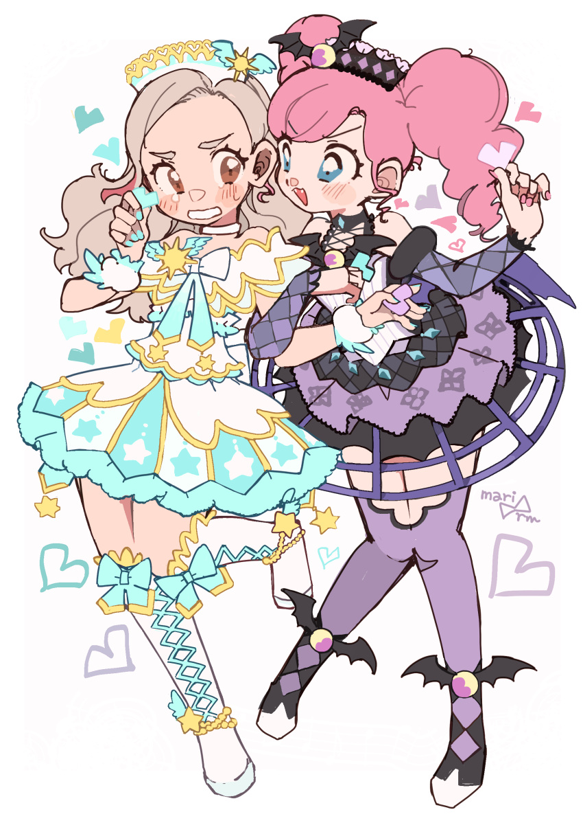 2girls, :d, absurdres, aikatsu!, aikatsu!_(series), aikatsu!_x_pripara_the_movie_-deai_no_kiseki!-, amahane_madoka, black_boots, blue_eyes, blue_nails, boots, cosplay, detached_sleeves, dress, full_body, heart, highres, idol_clothes, knee_boots, kurosawa_rin, kurosu_aroma, kurosu_aroma_(cosplay), long_hair, multiple_girls, nail_polish, open_mouth, pink_hair, pink_nails, pretty_series, pripara, purple_dress, purple_thighhighs, shiratama_mikan, shiratama_mikan_(cosplay), smile, standing, standing_on_one_leg, star_(symbol), star_print, sun_symbol, thigh-highs, twintails, white_boots, white_dress, wrist_cuffs, yukikokoro