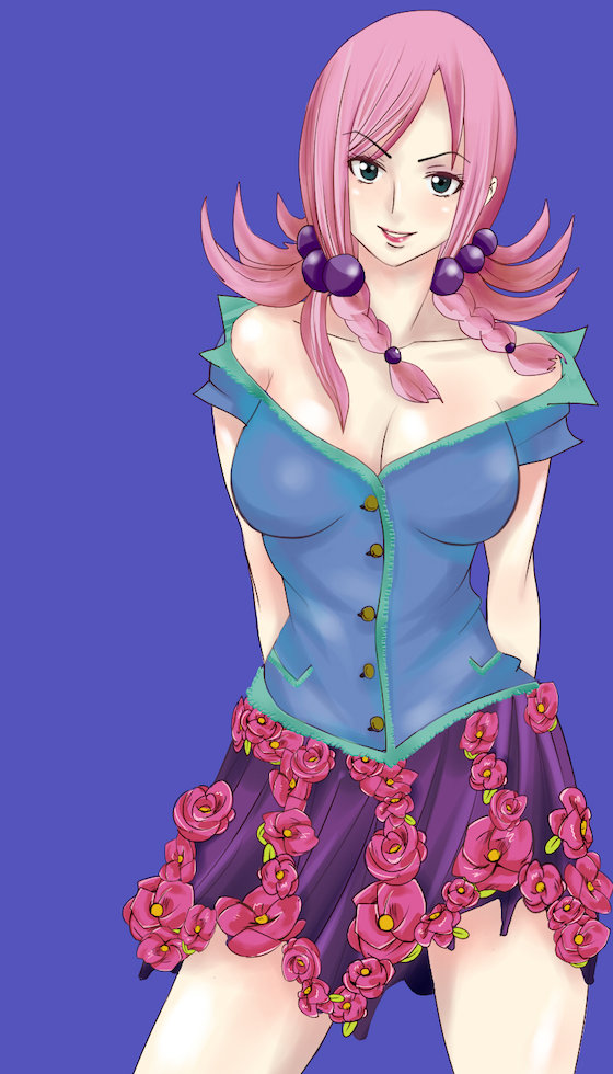 bare_shoulders, blue_eyes, braid, breasts, cleavage, collarbone, coroske, flower