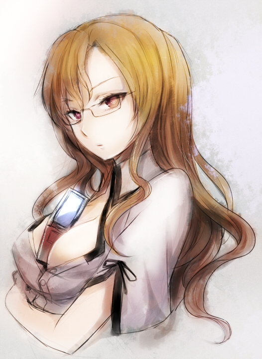 breasts, brown_eyes, brown_hair, bust, cellphone, glasses, kintsuku, kiryuu_moeka