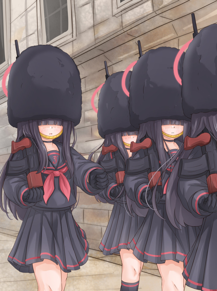 4girls, absurdres, assault_rifle, bearskin_cap, black_hair, black_hat, black_serafuku, black_shirt