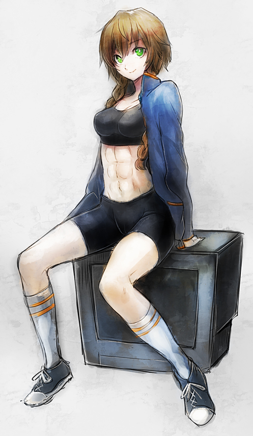 1girl, abs, amane_suzuha, bike_shorts, braid, breasts, brown_hair, crop_top
