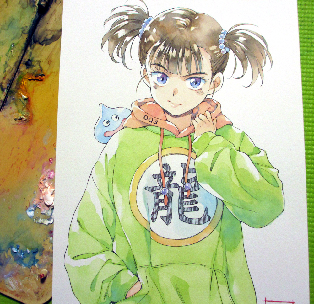 1girl, agahari, black_hair, blue_eyes, casual, closed_mouth, clothes_writing, commentary_request, contemporary, dragon_quest, dragon_quest_iii, drawstring, green_hoodie, hand_in_pocket, hand_up, hood, hood_down, hoodie, long_sleeves, looking_at_viewer, martial_artist_(dq3), painting_(medium), photo_(medium), short_hair, short_twintails, sleeves_past_wrists, slime_(creature), slime_(dragon_quest), traditional_media, twintails, upper_body