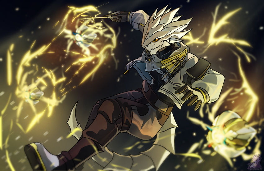 1boy, antal_(arknights), arknights, arknights:_endfield, artist_logo, black_pants, closed_mouth, colored_sclera